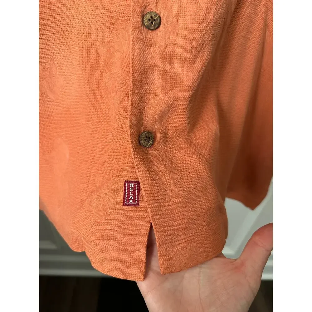 Tommy Bahama Relax Orange Silk Hawaiian Luau Pattern Camp Shirt XL